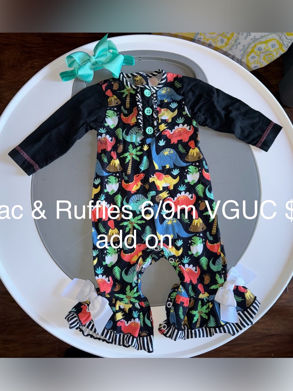 Ruffle Hem Dino Print Baby Romper - Black